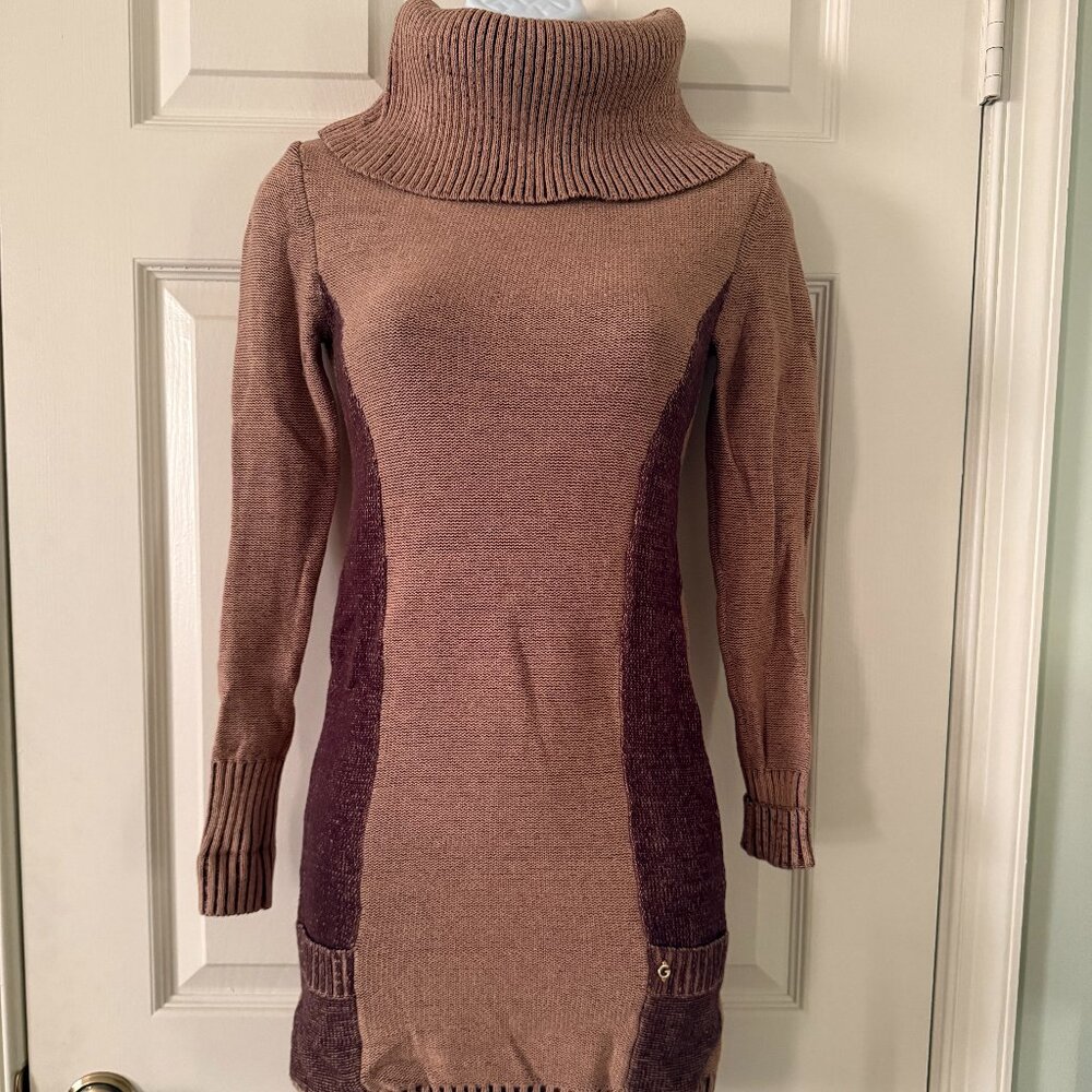 GUESS Turtleneck Long Sleeve Sweater Dress Pockets Brown/Tan XS